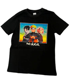 Naruto Shippuden Trio T-Shirt XLarge featuring Naruto, Sasuke, Sakura on black fabric.