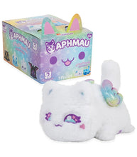 Load image into Gallery viewer, Aphmau Elemental MeeMeows 6 inch mystery plush white cat with colorful eye designs and pastel rainbow tail next to its decorative themed box
