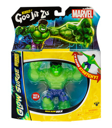 Goo Jit Zu Mega Glow Hulk toy in packaging showcasing stretchability and glow-in-the-dark features.