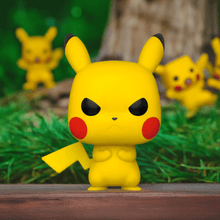 Load image into Gallery viewer, Grumpy Pikachu Pokemon POP! Vinyl Figure in a forest setting.
