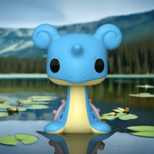 Load image into Gallery viewer, Lapras Pokemon POP! Vinyl Figure in stylized Funko design, featuring blue and cream colors, large eyes, and an oversized head, set against a serene water backdrop.
