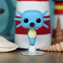 Load image into Gallery viewer, Horsea Pokemon POP! Vinyl Figure in vibrant blue with fin-like tail and oversized head, stylized collectible for Pokémon fans.
