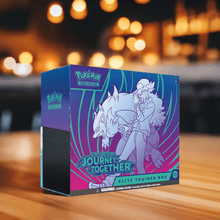 Load image into Gallery viewer, Pokemon TCG Journey Together Elite Trainer Box on wooden table, vibrant themed design.

