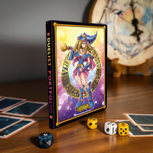 Load image into Gallery viewer, Dark Magician Girl 9-Pocket Duelist Portfolio with cards and dice.
