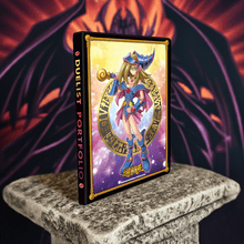 Load image into Gallery viewer, Yu-Gi-Oh! Dark Magician Girl 9-Pocket Duelist Portfolio featuring Dark Magician Girl artwork on a standing portfolio.
