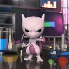 Load image into Gallery viewer, Mewtwo Pokemon POP! Vinyl Figure displayed amid colorful laboratory setting.
