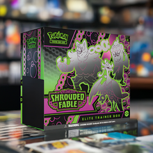 Load image into Gallery viewer, Pokemon TCG Scarlet &amp; Violet Shrouded Fable Elite Trainer Box with vibrant green and purple highlights, featuring powerful Pokémon artwork.
