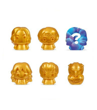 Load image into Gallery viewer, Mash&#39;ems Harry Potter Series 6 gold-colored squishy figures including Snape, Harry, Hermione, Ron, Hedwig, and one mystery character in blind capsule packaging.
