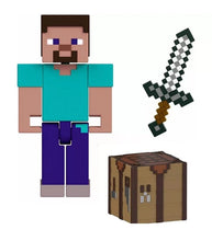 Load image into Gallery viewer, Minecraft Steve action figure with crafting table and sword accessory, 3.25 inches tall, pixelated design.
