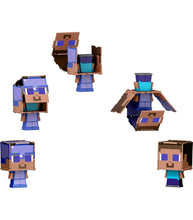 Load image into Gallery viewer, Minecraft Flippin&#39; Figs 2-in-1 Steve Enchanted Armour and Steve figure showing flip-to-transform action.
