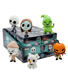 Funko Mystery Minis The Nightmare Before Christmas collectible figures featuring Pumpkin King, Jack Skellington, Oogie Boogie, Zero, Sally, and Sleepy Jack displayed on a box.