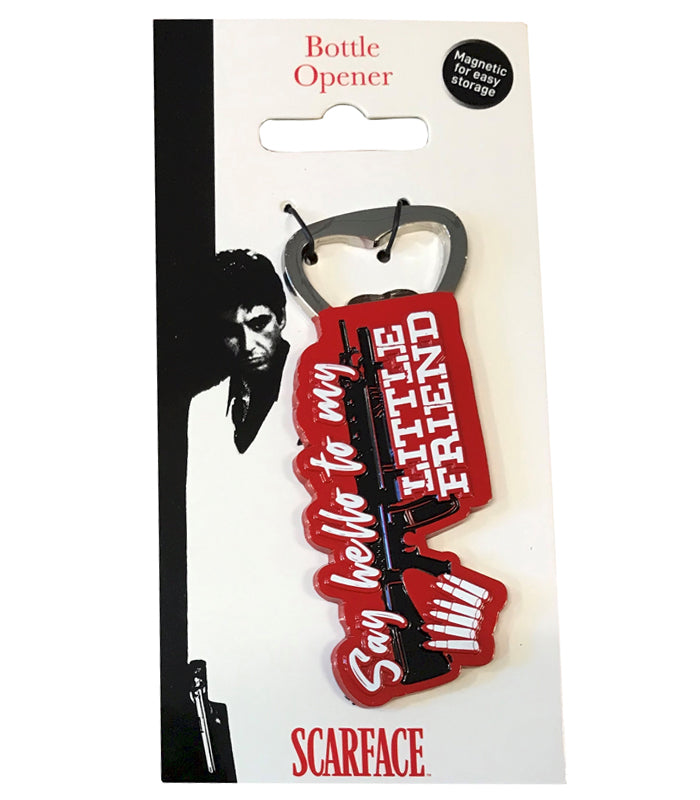 Scarface Bottle Opener with iconic quote, magnetic fridge storage, and film-themed design.