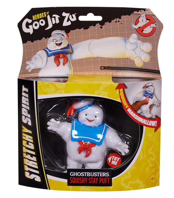 Goo Jit Zu Ghostbusters Stay Puft squishy toy in packaging with marshmallow texture.