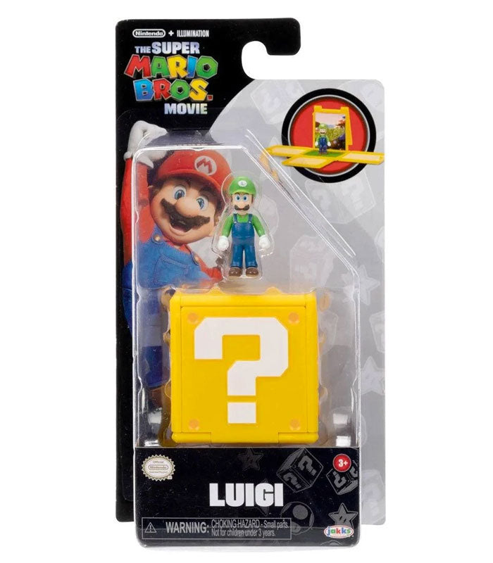 Super Mario Bros. Movie 3cm Luigi Mini Figure with Question Block in packaging.