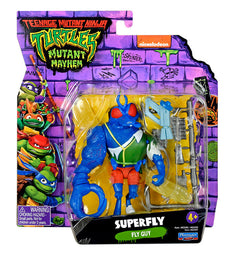 Teenage Mutant Ninja Turtles Movie Superfly action figure in Mutant Mayhem packaging with blaster and weapons rack.