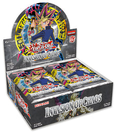 Yu-Gi-Oh! Invasion of Chaos Reprint Booster Box for trading card collectors and players, featuring iconic cards from the 25th anniversary set.