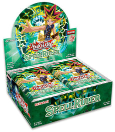 Yu-Gi-Oh! Spell Ruler Reprint Booster Box celebrating 25th anniversary, featuring classic cards and iconic animated series characters.