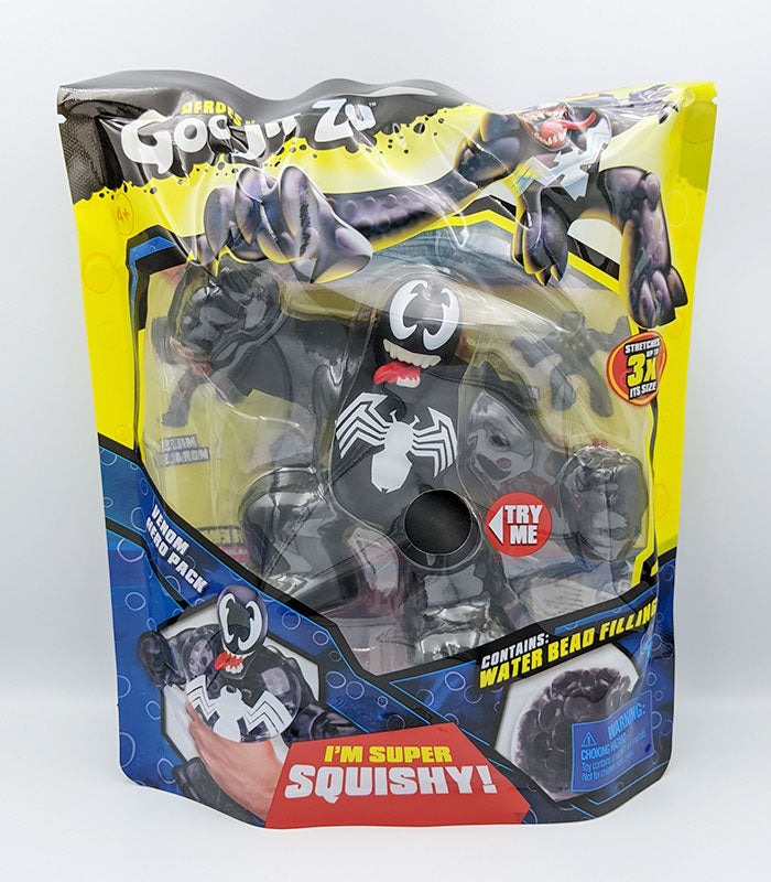 Goo Jit Zu Venom toy packaging featuring stretchable and squishy superhero figure.