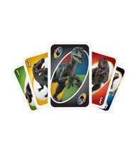 Load image into Gallery viewer, Jurassic World Dominion UNO cards with dinosaur pictures
