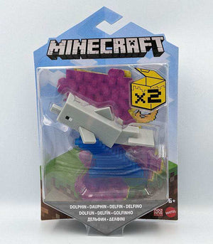 Minecraft Dolphin action figure with wave stand in packaging, perfect for kids and collectors.