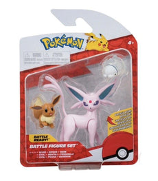 Pokemon Battle Figure set featuring Eevee, Espeon, and Snom in detailed packaging.