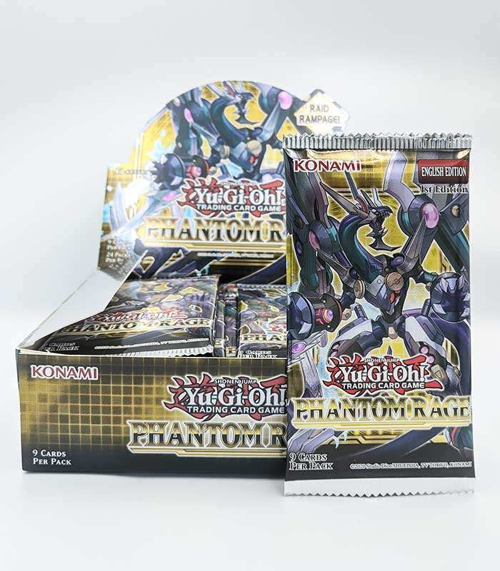 Yu-Gi-Oh! Phantom Rage booster pack, featuring colorful artwork and packaging, contains 9 trading cards.